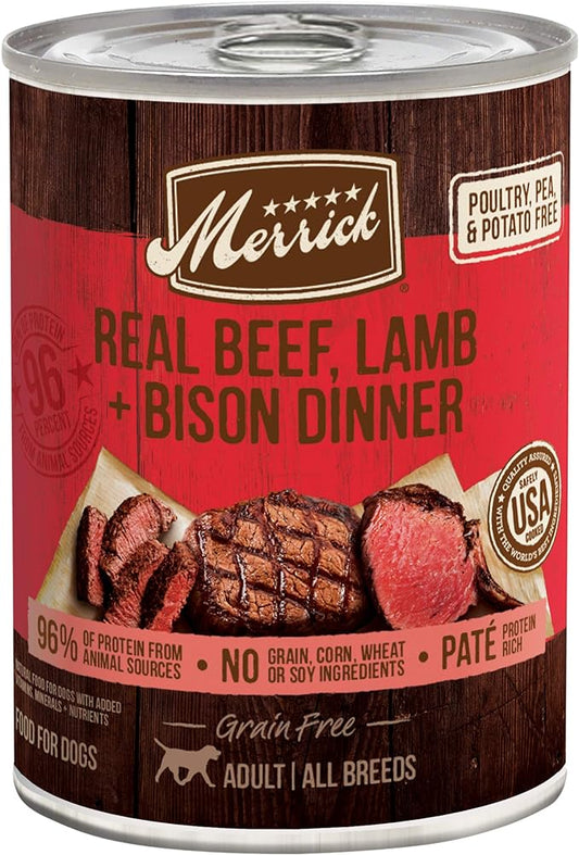 Merrick Grain Free Premium And Natural Canned Dog Food, Soft And Healthy Wet Recipe, Real Beef Lamb And Bison - (Pack of 12) 12.7 oz. Cans