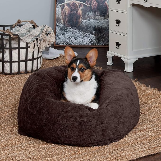 Furhaven Soft & Cozy Dog Bed for Medium/Small Dogs, Refillable w/ Removable Washable Cover & Liner, For Dogs Up to 35 lbs - Plush Faux Fur Bean Bag Style Ball Bed - Espresso, Medium