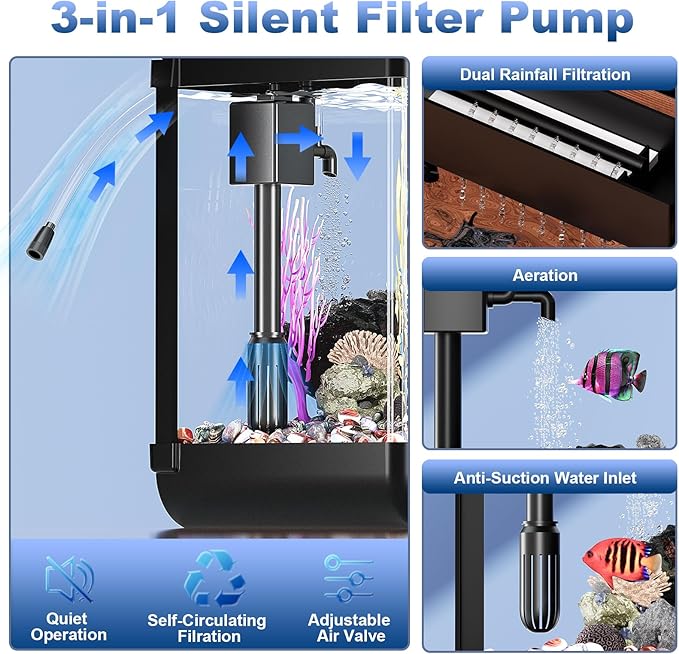 Fish Tank Aquarium 2.2 Gallon with Adjustable 3 Color Light Bead Self Cleaning 3 in 1 Pump with Filteration, Oxygenation, Water Circulation Triple Function, HD Heat Bending Glass, Leak-Proof Base