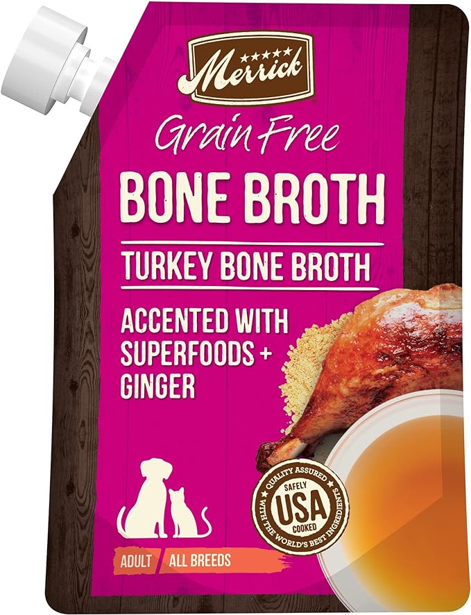 Merrick Grain Free Bone Broth, Premium Human Grade And Gluten Free Dog And Cat Food Topper Pouches, Turkey - 16 oz. Pouch