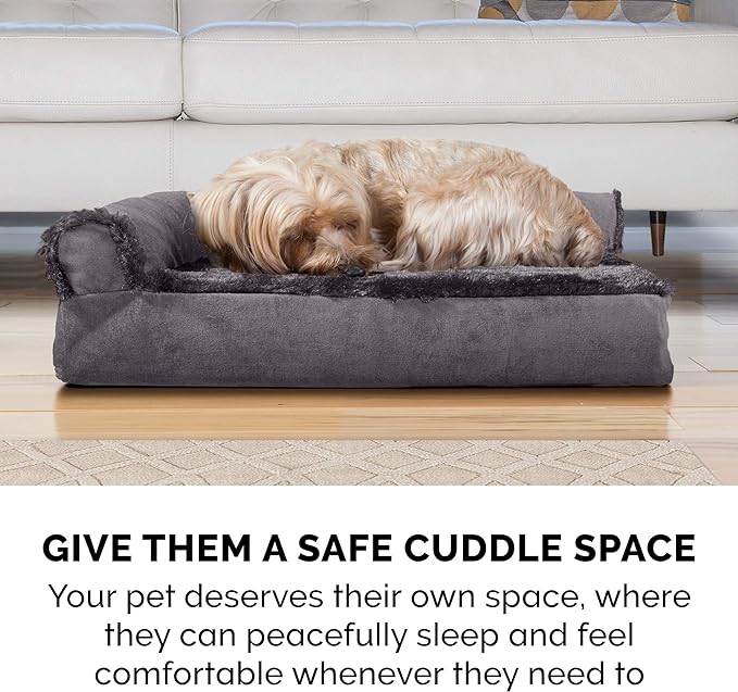 Furhaven Orthopedic Dog Bed for Large/Medium Dogs w/ Removable Bolsters & Washable Cover, For Dogs Up to 55 lbs - Plush & Velvet L Shaped Chaise - Platinum Gray, Large