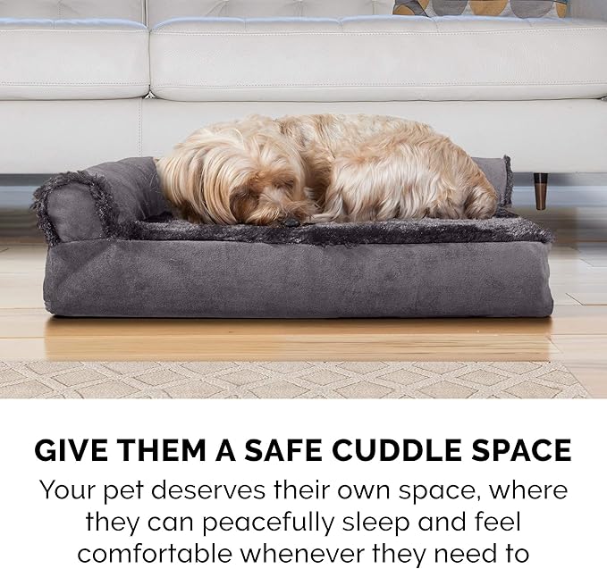 Furhaven Memory Foam Dog Bed for Medium/Small Dogs w/ Removable Bolsters & Washable Cover, For Dogs Up to 35 lbs - Plush & Velvet L Shaped Chaise - Platinum Gray, Medium