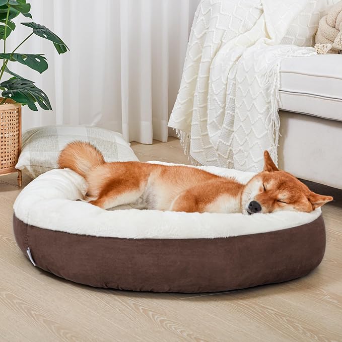 Love's cabin Round Donut Cat and Dog Cushion Bed, 30in Pet Bed for Medium or Large Dogs, Anti-Slip & Water-Resistant Bottom, Soft Durable Fabric Pet beds, Washable Calming Cat & Dog Bed Brown