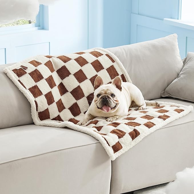 Lesure Waterproof Dog Blanket for Medium Dogs - Washable Double Sided Dog Blankets with Warm Jacquard Shag and Soft Sherpa Fleece, Pet Cat blanket for Couch Protection, 3D Textured Checks, Brown