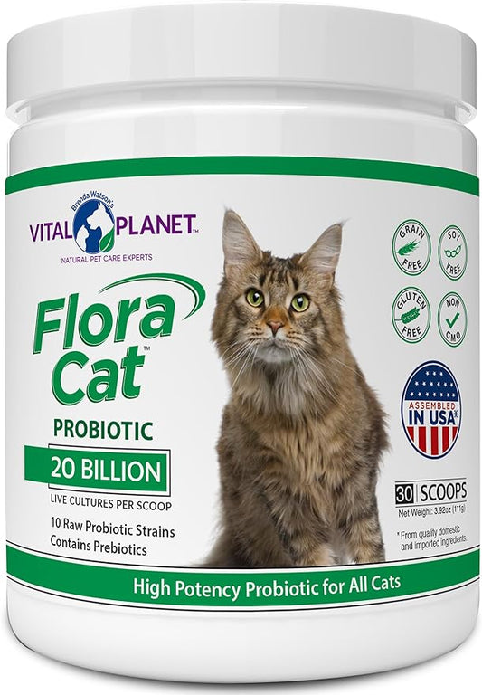 Vital Planet - Flora Cat Probiotic Powder Supplement with 20 Billion Cultures and 10 Diverse Strains High Potency Probiotics for All Cats for Feline Digestive and Immune Support 30 Scoops 3.92 oz