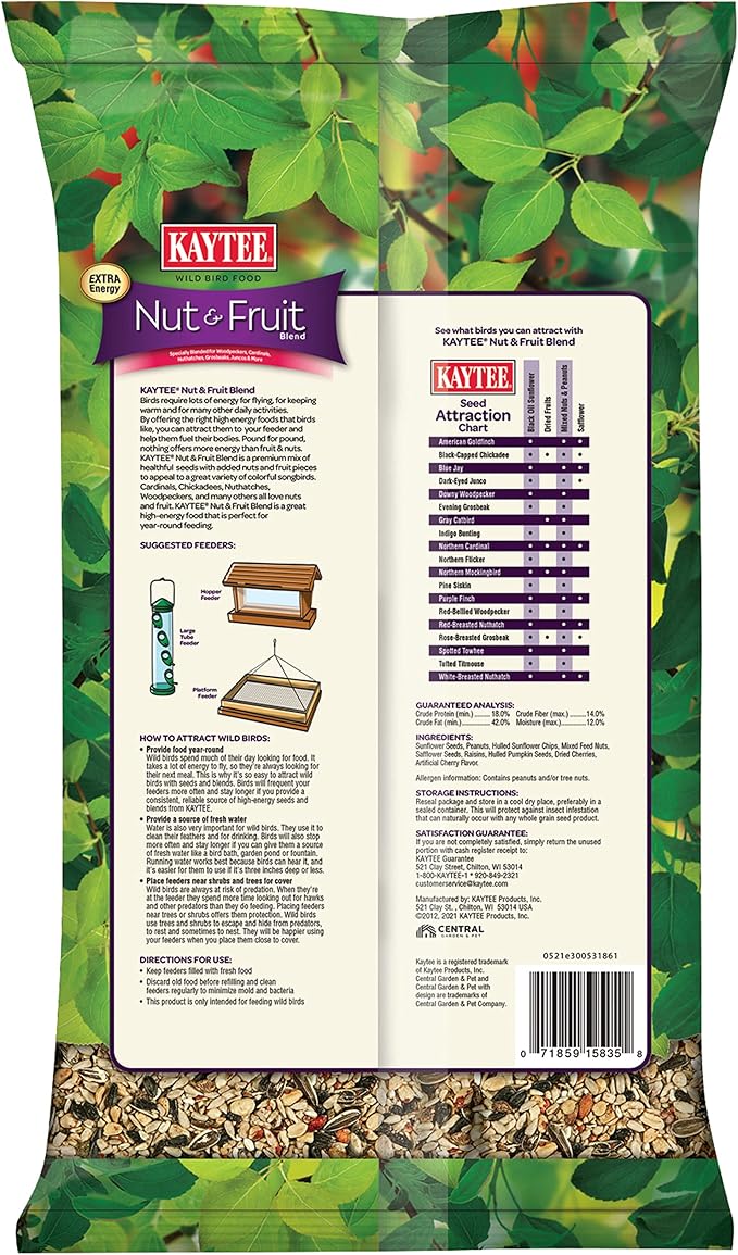 Kaytee Wild Bird Food Nut & Fruit Seed Blend For Cardinals, Chickadees, Nuthatches, Woodpeckers and Other Colorful Songbirds, 5 Pounds