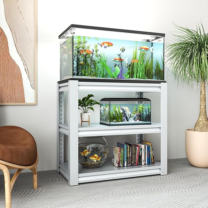 Fish Tank Stand,3-tier Rack Shelf heavy duty Metal Frame Aquarium Stand 20 Gallon,Reptile Terrarium Stand for 30 Gallon Long Aquarium,Reptile Tank Stand,Breeder Tank Stand,31.5"*18"*34"White