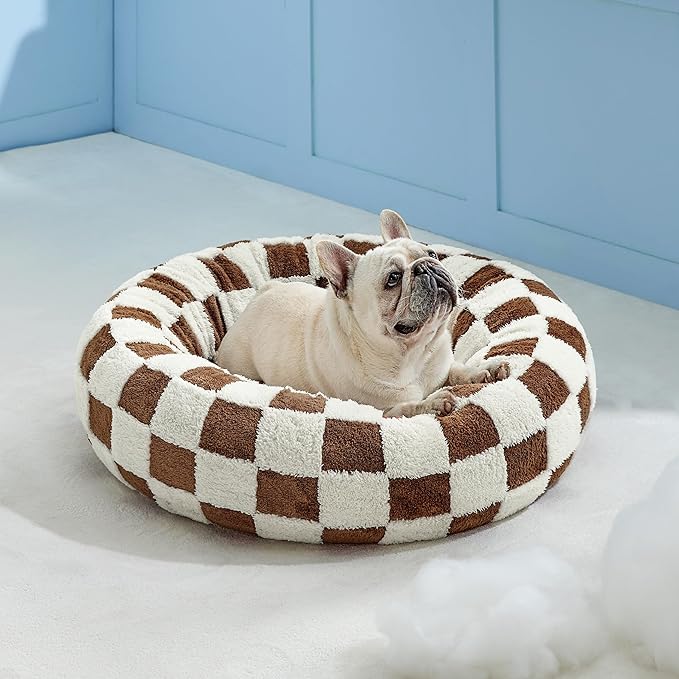 Lesure Donut Small Dog Bed - Round Cat Beds for Indoor Cats Anti-Anxiety Calming Pet Beds, Washable Cute Modern Beds with Teddy Sherpa Plush & Anti Slip Bottom Brwon