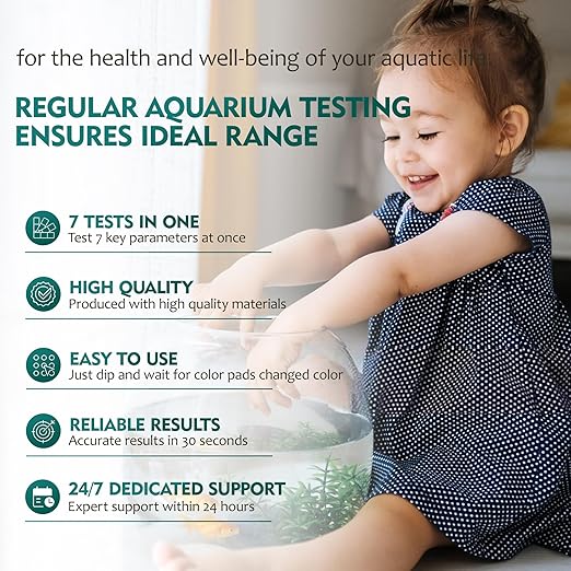 7 in 1 Aquarium Test Strips, 125 Count Fish Tank Test Strips for Freshwater Saltwater Pond, Water Testing Kit Aquarium for Chlorine, Total Hardness, Carbonate, Alkalinity, Nitrate, Nitrite and pH