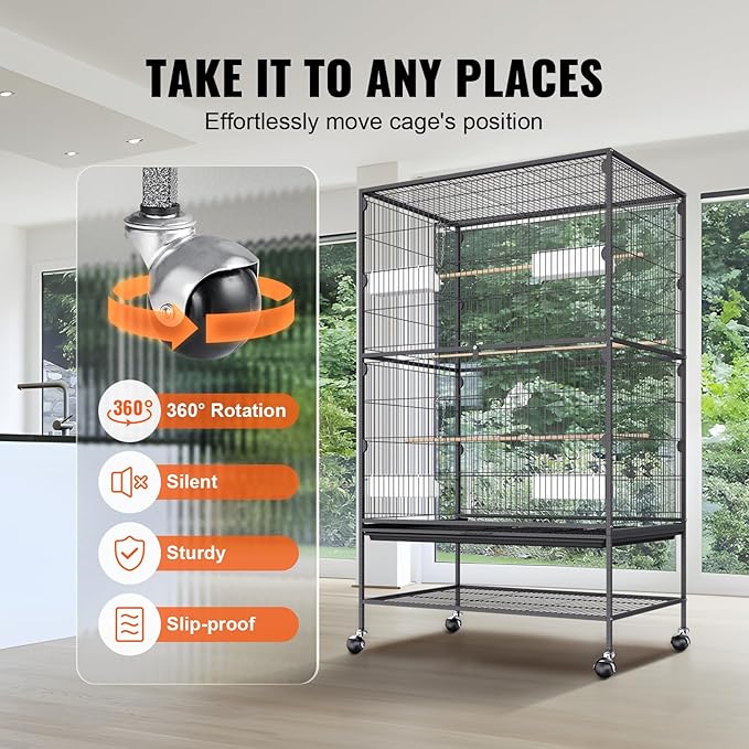 VEVOR 52 Inch Standing Large Bird Cage, Wrought Iron Flight Bird Cage with Rolling Stand and Slide Out Tray, Parakeet Cage Bird Cage for Parrots, Macaw, Cockatiels, Canary, Finch, Lovebirds, Pigeons