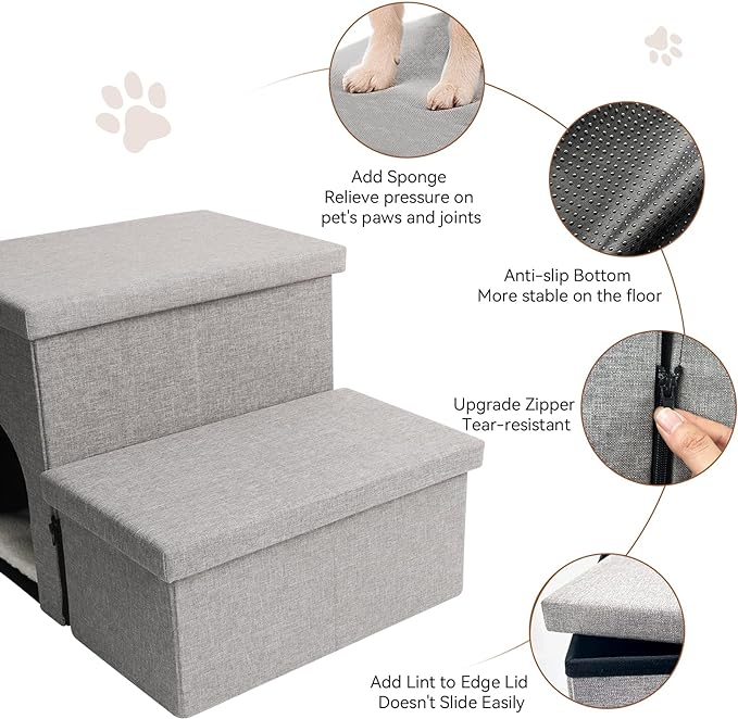 Dog Stairs, Dog Steps for High Beds 15" H, Folding Pet Stairs for Small Dogs Puppy Dog with Storage for Bed and Couch, Cat Dog Ramp Hold Up to 150 lbs (Smok Grey, 2 Steps with Condo)