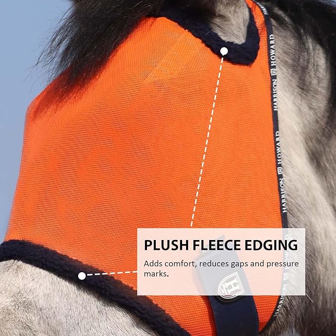 Harrison Howard All Round Mesh Horse Fly Mask UV Protective with Fleece Padded Edging Vibrant Orange L