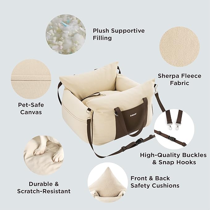 Lesure Small Dog Car Seat for Small Dogs - Waterproof Dog Booster Seat for Car with Storage Pockets, Clip-On Safety Leash and Thickened Memory Foam Filling, Pet Carseat Puppy Travel Carrier Bed, Beige