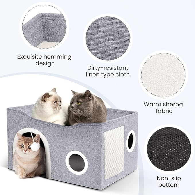 Heeyoo Cat House for Indoor Cats - Large Cat Bed Cave with Fluffy Ball and Scratch Pad, Foldable Cat Condos, Cat Cubes, Cat Hideaway, Covered Cat Bed