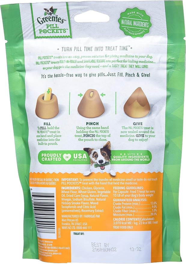 Greenies Pill Pockets for Dogs Capsule Size Natural Soft Dog Treats, Chicken Flavor, 7.9 oz. Pack (30 Treats)