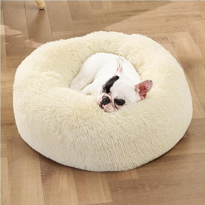 Bedsure Calming Dog Bed for Small Dogs - Donut Washable Small Pet Bed, Round Anti-Slip Fluffy Plush Faux Fur Large Cat Bed, Fits up to 25 lbs Pets, Oat Milk, 23 inches