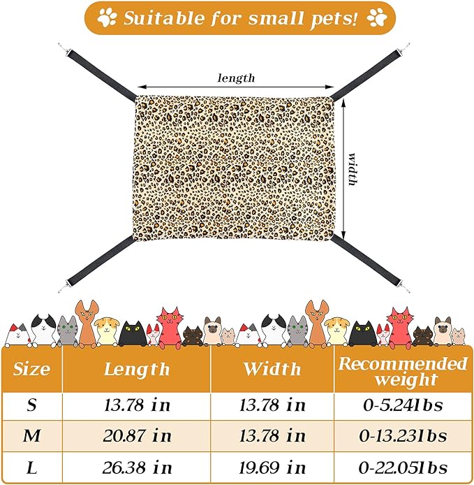 2 Pieces Reversible Cat Hanging Hammock Soft Breathable Pet Cage Hammock with Adjustable Straps and Metal Hooks Double-Sided Hanging Bed for Cats Small Dogs Rabbits (Leopard and Dot,S)