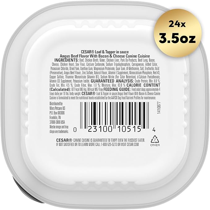 CESAR Adult Wet Dog Food Loaf & Topper in Sauce Angus Beef Flavor with Bacon & Cheese, 3.5 oz. Easy Peel Trays, Pack of 24