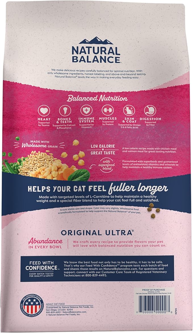 Natural Balance Fat Cats Low-Calorie Dry Cat Food for Overweight Adult Cats, Chicken Meal, Salmon Meal, Garbanzo Beans, Peas & Oat Groats Recipe, 15 Pound (Pack of 1)