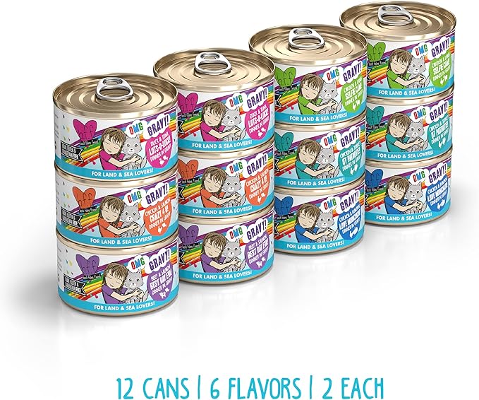 Weruva B.F.F. OMG - Best Feline Friend Oh My Gravy!, Variety Pack, Rainbow Road, Wet Cat Food by, 2.8oz Can (Pack of 12)