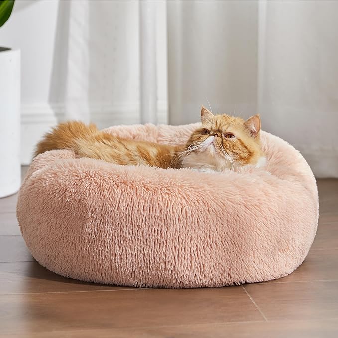 Bedsure Calming Cat Beds for Indoor Cats - Small Cat Bed Washable 20 inches, Anti-Slip Round Fluffy Plush Faux Fur Pet Bed, Fits up to 15 lbs Pets, Pink