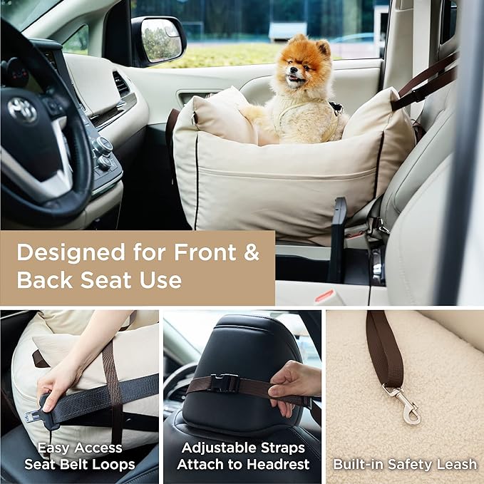 Lesure Small Dog Car Seat for Small Dogs - Waterproof Dog Booster Seat for Car with Storage Pockets, Clip-On Safety Leash and Thickened Memory Foam Filling, Pet Carseat Puppy Travel Carrier Bed, Beige