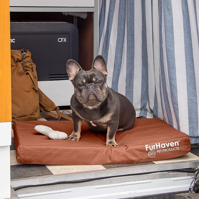 Furhaven Water-Resistant Cooling Gel Dog Bed for Medium/Small Dogs w/ Removable Washable Cover, For Dogs Up to 35 lbs - Indoor/Outdoor Logo Print Oxford Polycanvas Mattress - Chestnut, Medium