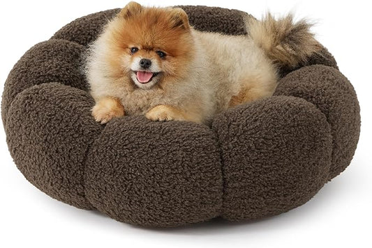 Lesure Calming Small Dog Bed - Flower Donut Round Fluffy Puppy Bed in Plush Teddy Sherpa, Non-Slip Cute Flower Cat Beds for Indoor Cats, Small Pet Bed Fits up to 25 lbs, Machine Washable, Espresso 23"