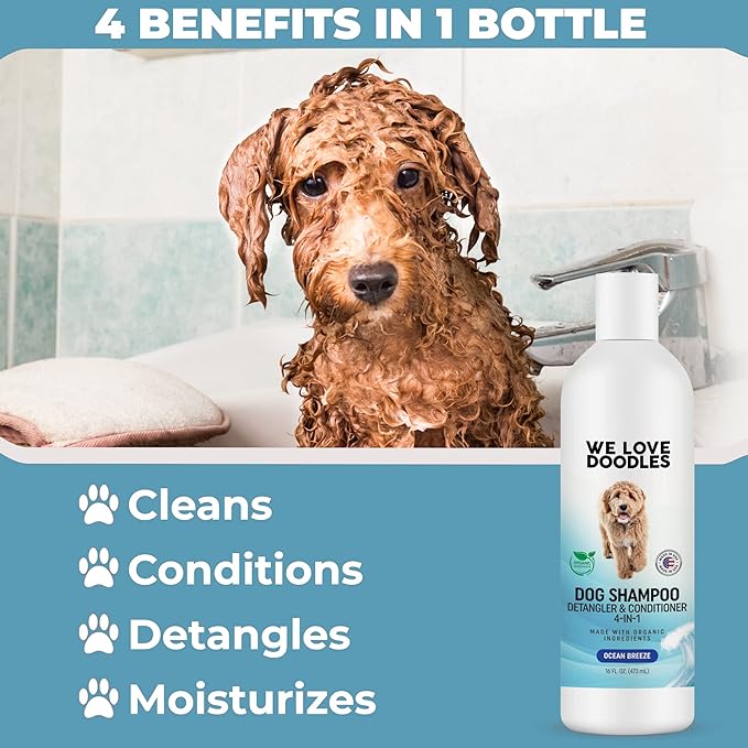 USDA Organic Dog Shampoo, Conditioner & Detangler - Best Shampoo for Goldendoodles, Poodles & Doodles - for Matted Pet Hair - Sensitive Skin Shampoo for Puppies - Made in The USA, 16OZ (Ocean Breeze)