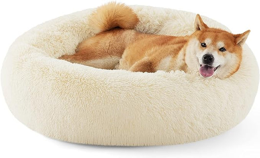 Bedsure Calming Dog Bed for Medium Dogs - Donut Washable Medium Pet Bed, Anti-Slip Round Fluffy Plush Faux Fur Cat Bed, Fits up to 45 lbs Pets, Oat Milk, 30 inches