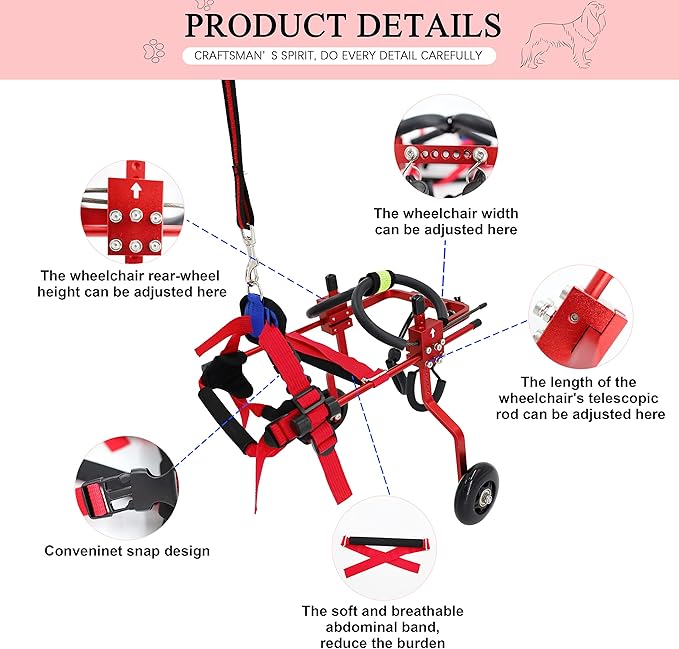 Adjustable Dog Wheelchair for Back Legs，Pet/Doggie Doggy Wheelchairs with Disabled Hind Legs Walking (XS-Red)