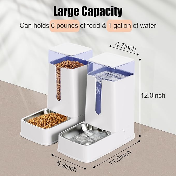 Automatic Cat Feeder and Cat Water Dispenser Set with Stainless Steel Bowls Gravity Dog Feeder for Small Medium Big Dog Pets Puppy Kitten, 1 Gallon x 2