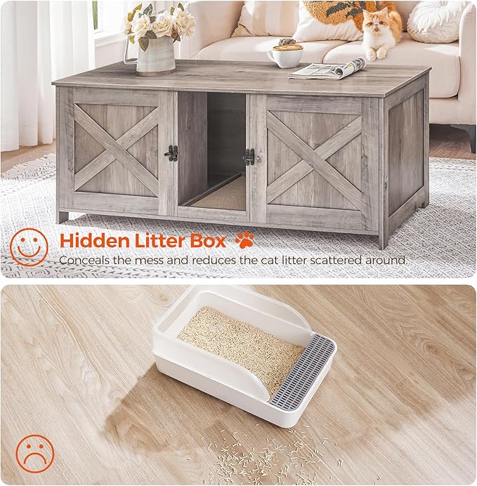 Cat Litter Box Enclosure for 2 Cats, 47.2" Hidden Cat Litter Box Furniture with Double Room, Wooden Cat Washroom Cabinet with Scratching Board, Indoor Cat House End Table, Greige CWHG1201