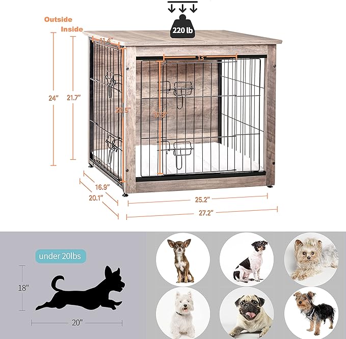 DWANTON Dog Crate Furniture with Cushion, Wooden Dog Crate with Double Doors, Dog Furniture, Dog Kennel Indoor for Small/Medium/Large Dog，End Table, Small, 27.2" L, Greige