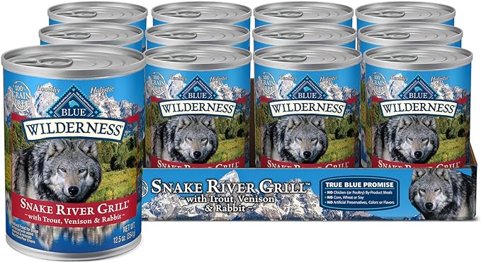 Blue Buffalo Wilderness Snake River Grill Natural High Protein Wet Food for Adult Dogs, Trout, Venison & Rabbit, 12.5-oz. Cans, 12 Count