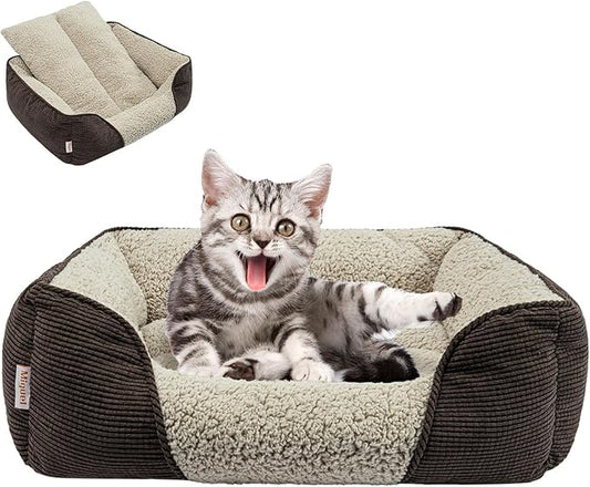 Miguel Washable Cat Beds for Indoor Cats with Removable Cushion, Easy to Wash Small Pet Sofa Bed with Side, Rectangle Bolster Kitten Bed Calming Cuddle Puppy Bed with Anti-Slip Bottom, Brown 18 Inch