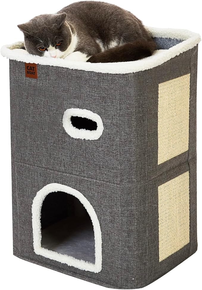 CATBOAT 2-Storey Cat House for Indoor Cats Bed, Covered Cat Cave Beds & Furniture with Scratch Pad and Hideaway Cave, Cute Modern Cat Condo for Multi Small Pet Large kitten kitty, Grey