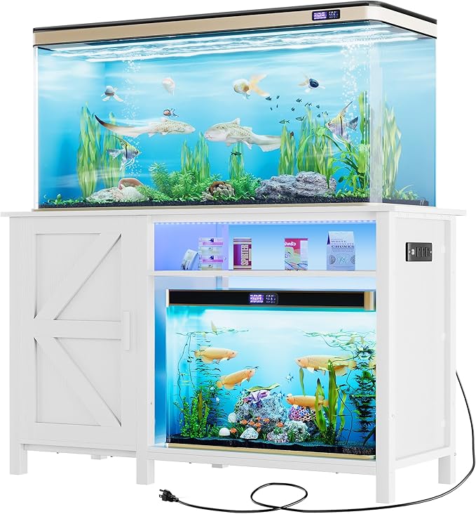 YITAHOME Aquarium Stand with Power Outlets, 55-75 Gallon Fish Tank Stand, Cabinet with RGB Light Strip Suitable for Turtle Tank, Reptile Terrarium, 900LBS Capacity,White