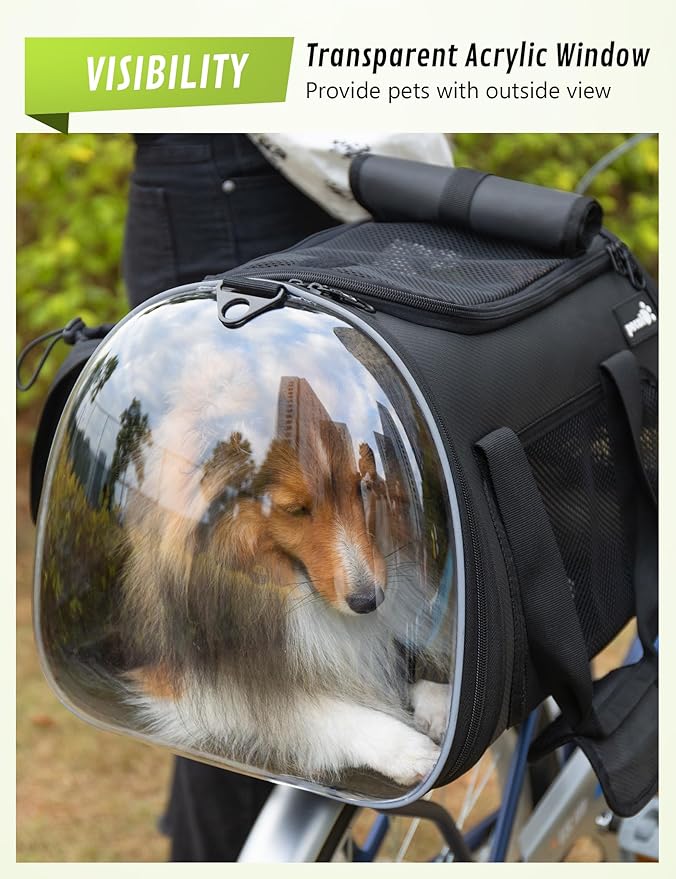 Pecute Dog Basket for Bike, Dog Bike Basket for Small Dog Cat Puppies, Pet Basket for Bike Riding, Multiple Storage Pockets Removable Sun Shield, Pet Carrier with Shoulder Strap