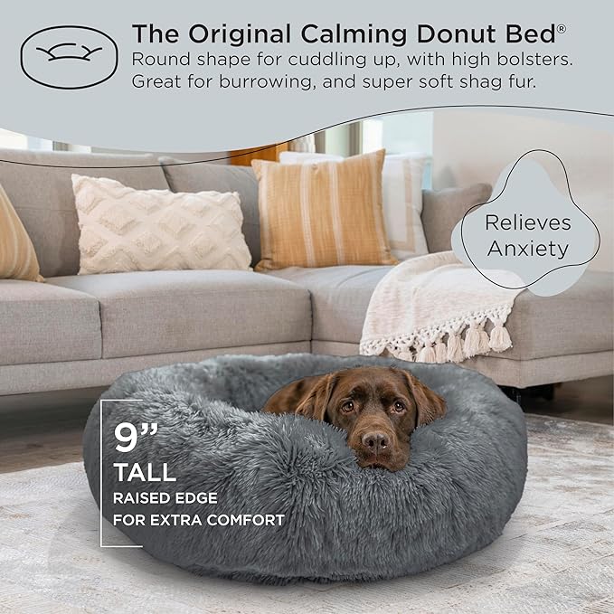 Best Friends by Sheri The Original Calming Donut Cat and Dog Bed in Shag Fur Gray, Large 36"