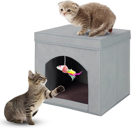 ShellKingdom Collapsible Cat House, Foldable Kitty Cat Cube and Cat Cave with Bed, Colorful Cat Stool Condo for Indoor Cats Gifts, 13 x 13 x 13 inches