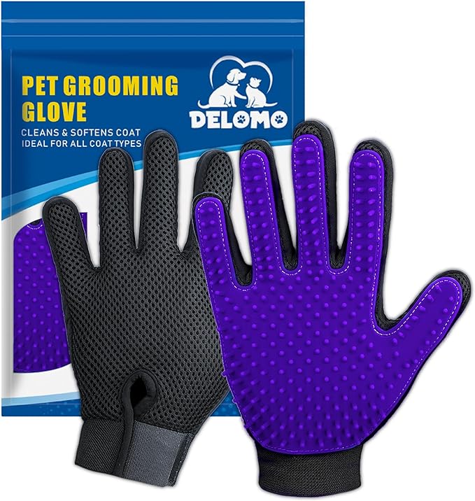 Upgrade Version Pet Grooming Glove - Gentle Deshedding Brush Glove - Efficient Pet Hair Remover Mitt - Enhanced Five Finger Design - Perfect for Dog & Cat with Long & Short Fur - 1 Pair (Purple)