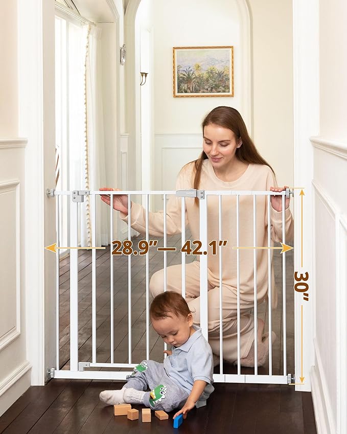 InnoTruth Baby Gate for Stairs 28.9-42.1" Wide, 30" Tall Easy Step Walk Through Expandable Dual Lock Dog Gates for The House, Metal Pressure Mounted Easy Install Pet Gate for Dogs, White