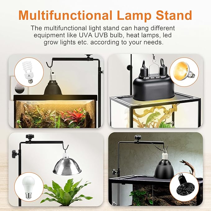 Simple Deluxe Height Adjustable Reptile Lamp Stand Metal Floor Light Holder Basking Lamp Support Bracket, for Terrarium Heating Light and Dome lampshade, Large,Black