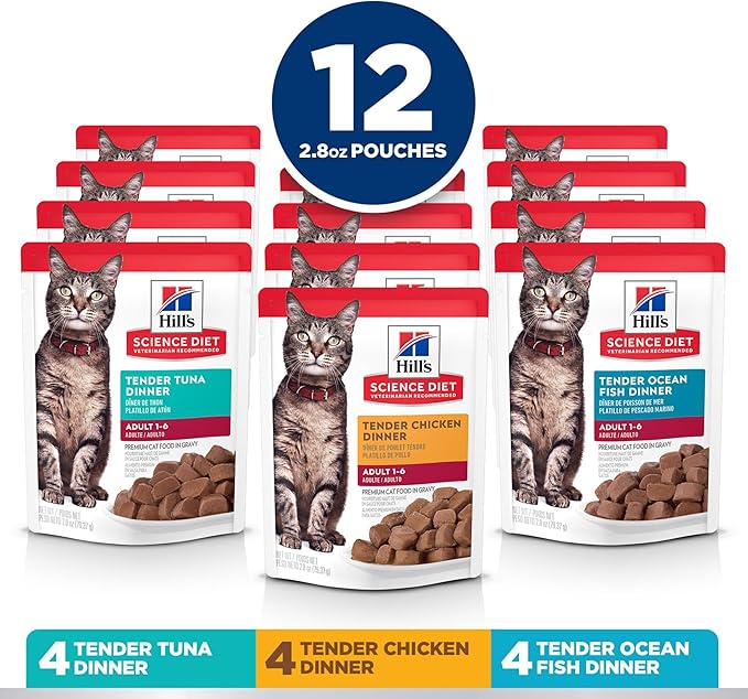 Hill's Science Diet Adult 1-6, Adult 1-6 Premium Nutrition, Wet Cat Food, Variety Case: Tuna; Chicken; Ocean Fish Stew, 5.5 oz Pouch Variety Case, Case of 12