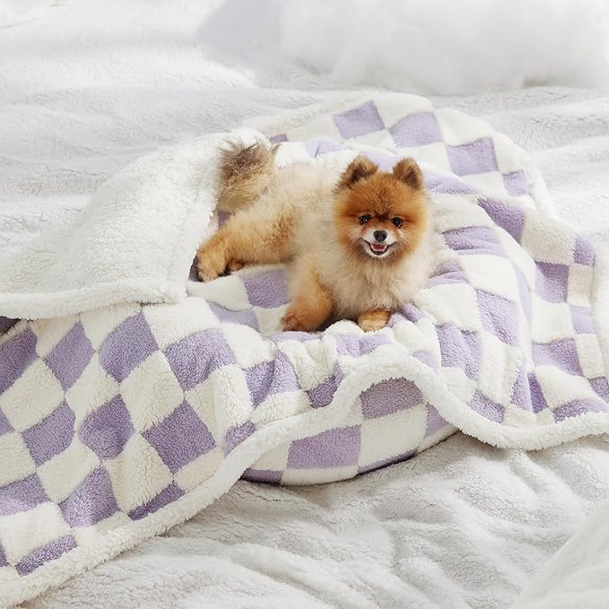 Lesure Waterproof Puppy Blanket for Small Dogs - Washable Double Sided Dog Blankets with Warm Jacquard Shag and Soft Sherpa Fleece, Pet Cat Blanket for Couch Protection, 3D Textured Cloud, Purple