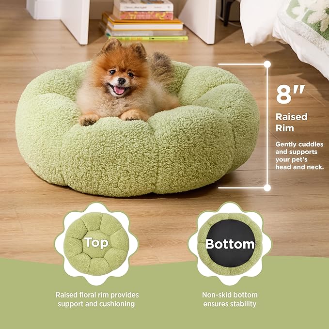 Lesure Calming Small Dog Bed - Flower Donut Round Fluffy Puppy Bed in Plush Teddy Sherpa, Non-Slip Cute Flower Cat Beds for Indoor Cats, Small Pet Bed Fits up to 25 lbs, Machine Washable, Green 23"