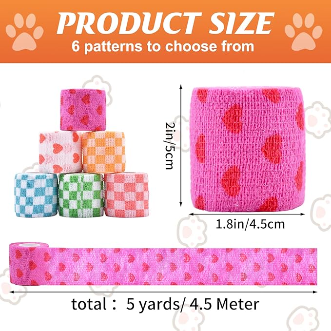 6 Roll 2 Inch x 5 Yards Checkered and Heart Print Pet Vet Wrap for Dogs Cats, Cohesive Bandages in Bulk, Non-Woven Self Adhesive Bandages Wrap Roll for Animals Wound Care, Ankle Sprains and Swelling