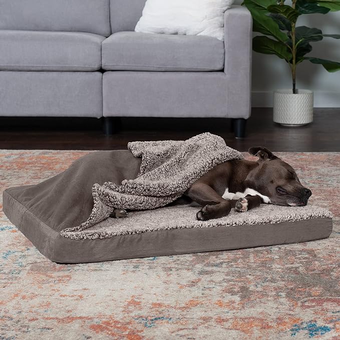 Furhaven Cooling Gel Dog Bed for Large/Medium Dogs w/ Removable Washable Cover, For Dogs Up to 55 lbs - Berber & Suede Blanket Top Mattress - Gray, Large