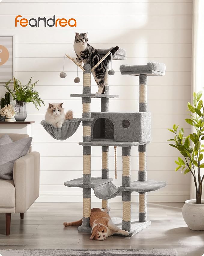 FEANDREA Cat Tree, Large Cat Tower, 64.6 Inches, Cat Activity Center with Hammock, Basket, Removable Fur Ball Sticks, Cat Condo, Light Gray UPCT087W01